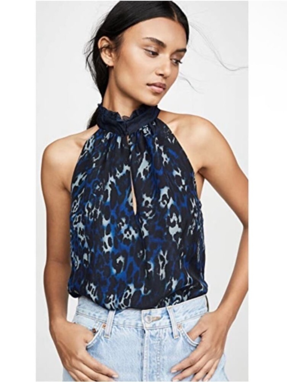 Ramy Brook Blue Animal Print Silk Chiffon Sleeveless Allymay Blouse Top Sz. M